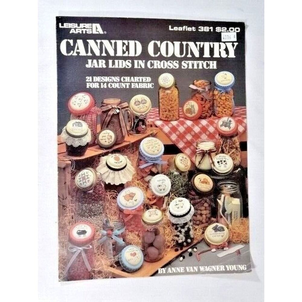 Leisure Arts Country Jar Canning Lids in Cross Stitch 21 Designs Leaflet 381 VTG